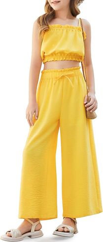 Girl's 2 Piece Set Ruffle Trim Cami Tops Tie Waist Wide Leg Pants Girls Summer Outfits Vocation 5-14Y in Kuwait