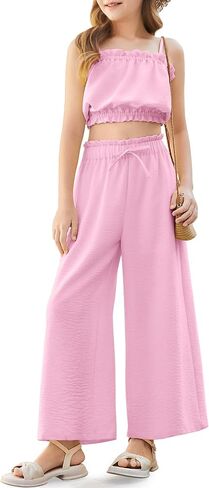 Girl's 2 Piece Set Ruffle Trim Cami Tops Tie Waist Wide Leg Pants Girls Summer Outfits Vocation 5-14Y in Kuwait
