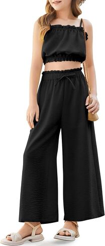 Girl's 2 Piece Set Ruffle Trim Cami Tops Tie Waist Wide Leg Pants Girls Summer Outfits Vocation 5-14Y in Kuwait