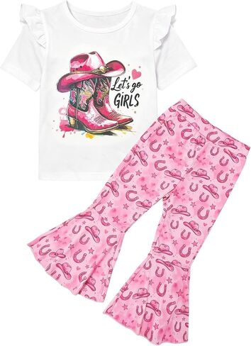 Toddler Girl Western Bell Bottom Outfits - Cowgirl Boots Short Sleeve Shirt Boho Flared Pants 2pcs Summer Clothes in Kuwait
