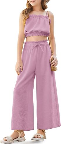Girl's 2 Piece Set Ruffle Trim Cami Tops Tie Waist Wide Leg Pants Girls Summer Outfits Vocation 5-14Y in Kuwait