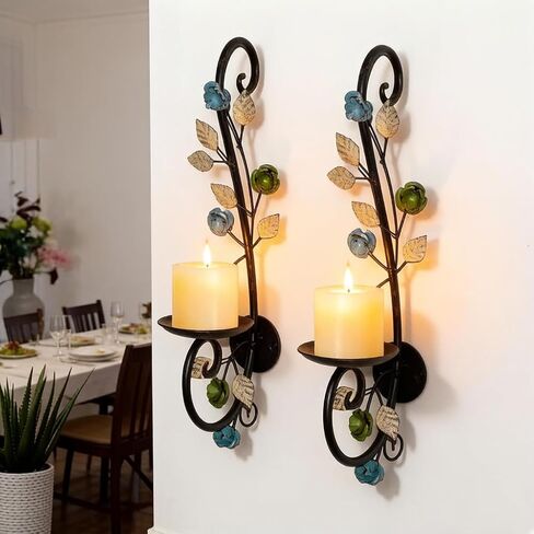 Candle Sconces Wall Sconce Candle Holder Set of 2, Antique Distressed Leaf Flower Wall Mount Metal Candleholder Hanging for Living Room Wedding Fireplace Farmhouse in Saudi Arabia