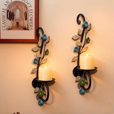 Candle Sconces Wall Sconce Candle Holder Set of 2, Antique Distressed Leaf Flower Wall Mount Metal Candleholder Hanging for Living Room Wedding Fireplace Farmhouse in Saudi Arabia