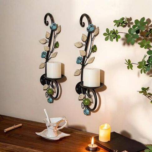 Candle Sconces Wall Sconce Candle Holder Set of 2, Antique Distressed Leaf Flower Wall Mount Metal Candleholder Hanging for Living Room Wedding Fireplace Farmhouse in Saudi Arabia