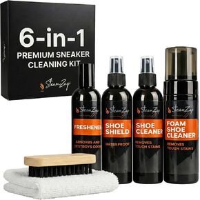 Shoe Cleaner Kit with Foam & All Fabric Cleaner, Shoe Shield Liquid, Deodoriser, Brush & Towel. Suitable for all types Suede, Sneakers, Canvas, Leather, Mesh, Woven, Knitted Shield, in Saudi Arabia