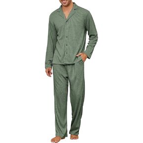 Men's Pajama Set Waffle Knit Lounge Pjs Set Long Sleeve Top and Pants Sleepwear 2 Piece Button Down Loungewear in Saudi Arabia