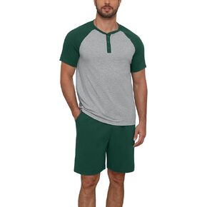 NITAGUT Mens Pajama Set 2 Piece Henley Sleepwear Lightweight Short Sleeve Loungewear Soft Comfy Sleep Set with Button in Saudi Arabia