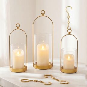 Hurricane Glass Candle Holders, Hanging Gold Candlestick Candle Holders with Handmade Sturdy Glass Dome for Pillar Candles, Decorative Metal Candle Lantern for Table Centerpiece, Home Decor,3 Pack in Saudi Arabia