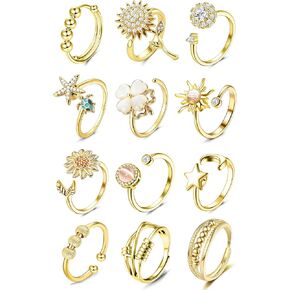 12 Pcs Fidget Rings for Women Gold Adjustable Cubic Zirconia Sunflower Moon Star Bead Rotatable Relieving Stress Ring Open Spinner Anxiety Rings Set in Kuwait