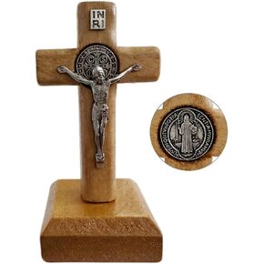 Bovemee San Benito Medalla Wooden Standing Cross Small Crucifix, 3 inch/7 inch, Jesus Christ Wall Cross for Table or Wall Decor, Home Decoration Catholic Gifts (Light Brown 3.0 X1.5 Inch) in Kuwait