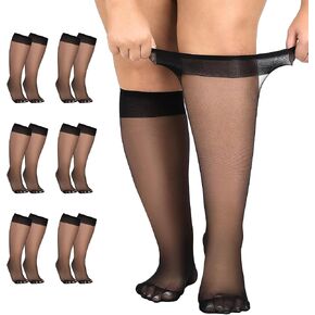 6 Pairs Plus Size Knee High Socks for Women 15 Denier Sheer Nylon Stockings Wide Calf One Size Black Nude in Saudi Arabia
