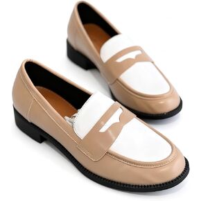 Women's Leather Block Heel Classic Loafers Retro Round Toe Color-Blocked Chunky Heel Non-Slip Slip-On Dress Shoes for Casual, Office,Shopping in Saudi Arabia
