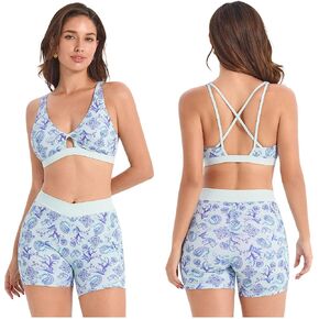 Floral Print Workout Sets for Women 2 Piece Yoga Gym Sets Color Block Sports Bras Biker Shorts with Pockets Athletic Clothes in Kuwait
