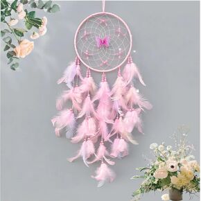 Pink Dream Catcher, Handmade Boho Wall Decor with Feathers and Butterfly, Dream Catcher for Bedroom, Nursery, Wall Hanging Ornament, Gift for Girls, Women in Saudi Arabia