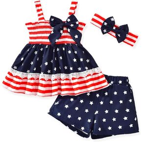HINTINA Toddler Girl 4th of July Outfits Star Stripe Bow Top Shorts Set Patriotic Clothes 18M-6T in Kuwait