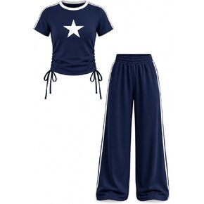 Girls 2 Piece Outfits Ruched Drawstring Tops and Wide Leg Pants Active Clothes Set 8-14 Years in Saudi Arabia