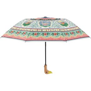 RIFLE PAPER CO. Home Sweet Home Pattern Umbrella, Includes Matching Storage Sleeve, Portable 11" Fold Up Size, Auto Open Feature, Classic Wooden Duck Handle, Printed in Full Color in Kuwait