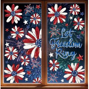 Patriotic Window Clings Red Blue Daisy Stars Fireworks Let Freedom Ring Window Stickers Double-Side Flower Glass Decals for Memorial Day Veterans Day Decor,6 Sheets in Saudi Arabia