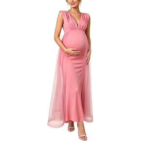 Maternity Photoshoot Dress Sleeveless V-Neck Open Back Tulle Overlay Gown for Baby Shower in Saudi Arabia
