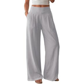 AKEWEI Women's Wide Leg Linen Pants Summer Casual Elastic Waist Long Lounge Travel Pants in Saudi Arabia