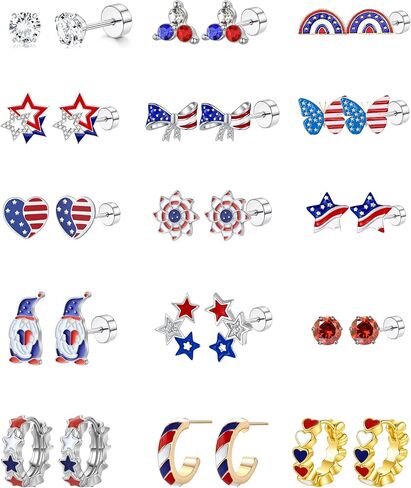 4th of July Patriotic Earrings for Women Girls kids - 15 Pairs American Flag Red White and Blue Flat Back Stud Earrings for Independence Day Memorial Day,4 Year Old+ in Kuwait