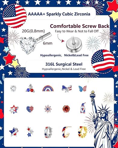 4th of July Patriotic Earrings for Women Girls kids - 15 Pairs American Flag Red White and Blue Flat Back Stud Earrings for Independence Day Memorial Day,4 Year Old+ in Kuwait