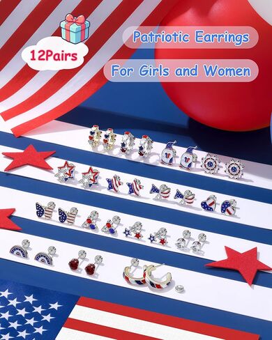 4th of July Patriotic Earrings for Women Girls kids - 15 Pairs American Flag Red White and Blue Flat Back Stud Earrings for Independence Day Memorial Day,4 Year Old+ in Kuwait