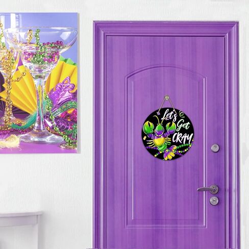 Deroro Mardi Gras Fleur De Lis Front Door Sign, New Orleans Carnival Wood Door Hanger Outdoor Outside Porch Decor, Crown Beads Wooden Wreath Indoor Wall Hanging Decoration in Saudi Arabia