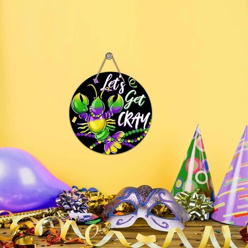Deroro Mardi Gras Fleur De Lis Front Door Sign, New Orleans Carnival Wood Door Hanger Outdoor Outside Porch Decor, Crown Beads Wooden Wreath Indoor Wall Hanging Decoration in Saudi Arabia
