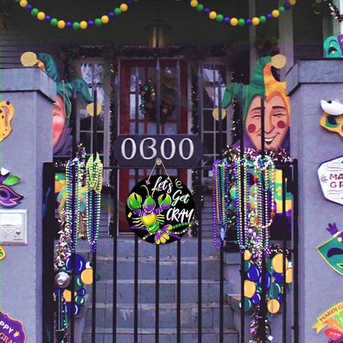 Deroro Mardi Gras Fleur De Lis Front Door Sign, New Orleans Carnival Wood Door Hanger Outdoor Outside Porch Decor, Crown Beads Wooden Wreath Indoor Wall Hanging Decoration in Saudi Arabia