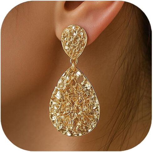 Teardrop Clip On Earrings for Women, Chunky Statement Geometric Textured Earring Clips Hammered Gold Plated Dangle Drop Earrings Jewelry Gifts in Saudi Arabia
