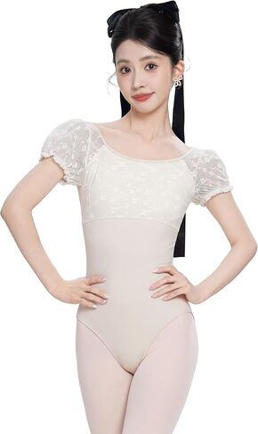 Women Ballet Leotards Short Sleeve, Lace Splice Dance&Gymnastics Bodysuits in Saudi Arabia