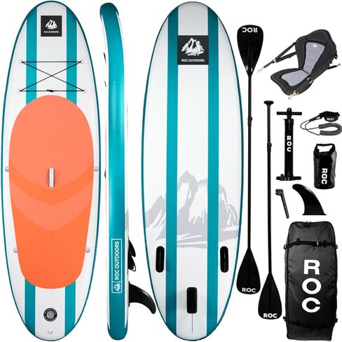 Roc Inflatable Stand Up Paddle Boards with Premium SUP Paddle Board Accessories, Wide Stable Design, Non-Slip Comfort Deck for Youth & Adults (Aqau with Roc Kayak Seat, 10 FT) in Kuwait