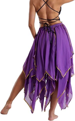 Chiffon Belly Dance Costume Ruffles Skirt for Women Tribal Rave Dance Long Skirt with Golden Sequin Edge in Saudi Arabia