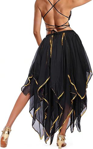 Chiffon Belly Dance Costume Ruffles Skirt for Women Tribal Rave Dance Long Skirt with Golden Sequin Edge in Saudi Arabia