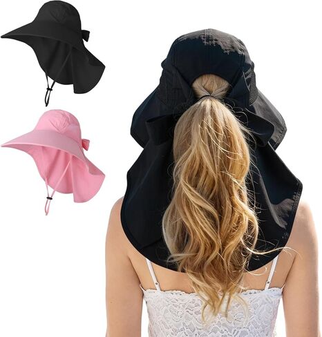 Hat with Ponytail Hole for Women, 2 Pack Wide Brim Sun Bucket Hats, Ponytail Opening Design for Outdoor Beach Hiking in Kuwait