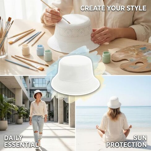 12Pcs White DIY Bucket Hats Bulk,Blank Cotton Craft Sun Hat for Men Women,Decorate Yourself Hats Making Kit ,Breathable Foldable Fishing Caps,Wide Brim Summer Outdoor Caps for Travel, Beach, DIY Craft in Kuwait