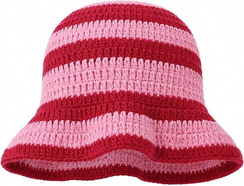 Pink Stripe Crochet Hat Women Knit Bucket Hat Trendy Women Handmade Bucket Cap for Shortcake Costume Strawberry Cherry Style in Kuwait