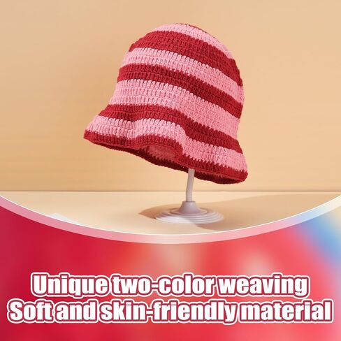 Pink Stripe Crochet Hat Women Knit Bucket Hat Trendy Women Handmade Bucket Cap for Shortcake Costume Strawberry Cherry Style in Kuwait