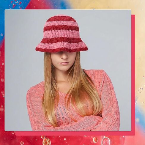 Pink Stripe Crochet Hat Women Knit Bucket Hat Trendy Women Handmade Bucket Cap for Shortcake Costume Strawberry Cherry Style in Kuwait