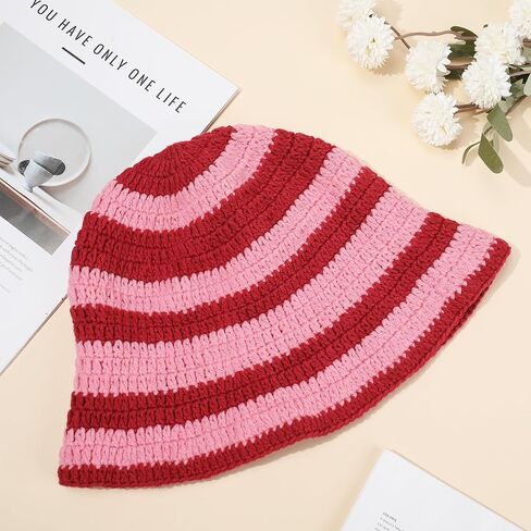 Pink Stripe Crochet Hat Women Knit Bucket Hat Trendy Women Handmade Bucket Cap for Shortcake Costume Strawberry Cherry Style in Kuwait