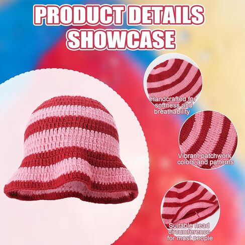 Pink Stripe Crochet Hat Women Knit Bucket Hat Trendy Women Handmade Bucket Cap for Shortcake Costume Strawberry Cherry Style in Kuwait