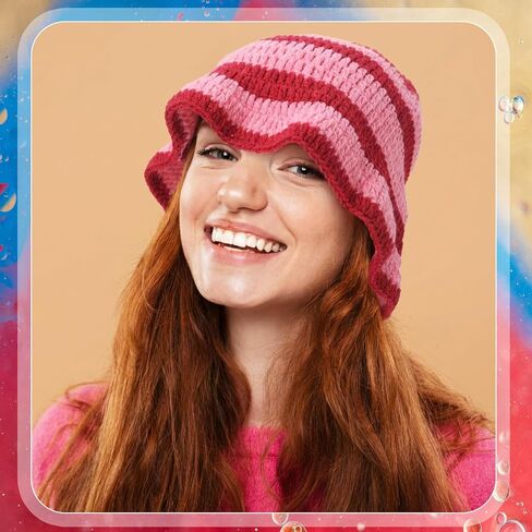 Pink Stripe Crochet Hat Women Knit Bucket Hat Trendy Women Handmade Bucket Cap for Shortcake Costume Strawberry Cherry Style in Kuwait