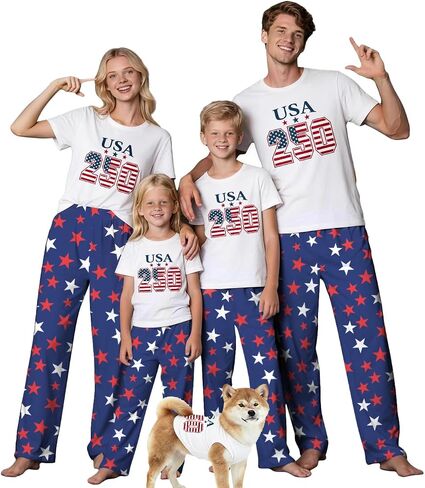 250th Anniversary American Flag Matching Family Pajamas, 4th of July Short Sleeve Pjs Set in Kuwait
