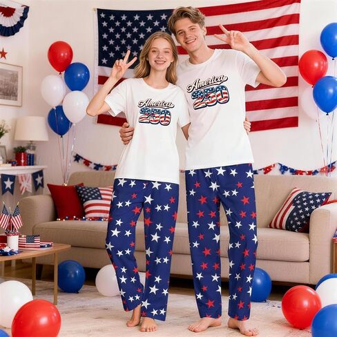 250th Anniversary American Flag Matching Family Pajamas, 4th of July Short Sleeve Pjs Set in Kuwait