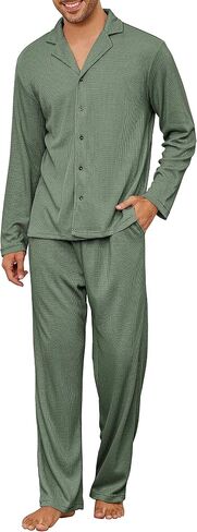 Men's Pajama Set Waffle Knit Lounge Pjs Set Long Sleeve Top and Pants Sleepwear 2 Piece Button Down Loungewear in Saudi Arabia