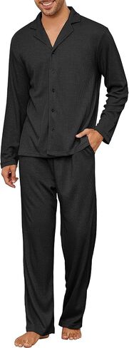 Men's Pajama Set Waffle Knit Lounge Pjs Set Long Sleeve Top and Pants Sleepwear 2 Piece Button Down Loungewear in Saudi Arabia