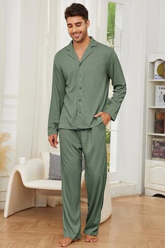 Men's Pajama Set Waffle Knit Lounge Pjs Set Long Sleeve Top and Pants Sleepwear 2 Piece Button Down Loungewear in Saudi Arabia
