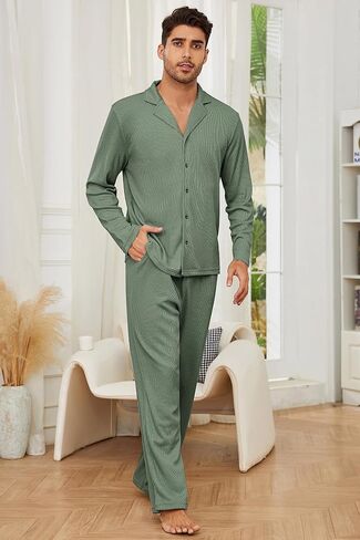 Men's Pajama Set Waffle Knit Lounge Pjs Set Long Sleeve Top and Pants Sleepwear 2 Piece Button Down Loungewear in Saudi Arabia