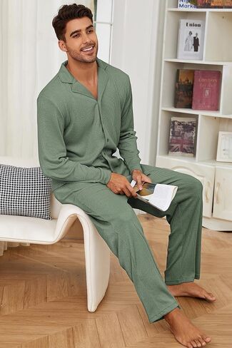 Men's Pajama Set Waffle Knit Lounge Pjs Set Long Sleeve Top and Pants Sleepwear 2 Piece Button Down Loungewear in Saudi Arabia